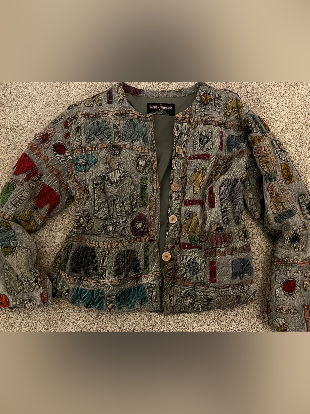 Sacred Threads Woman’s Indian Elephant Grey Cotton Patchwork Chore Jacket